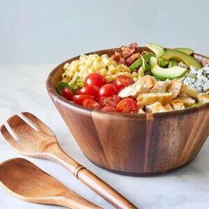 NIB Pampered Chef Wood Salad Bowl & Servers Set #100186 - Fast Ship!